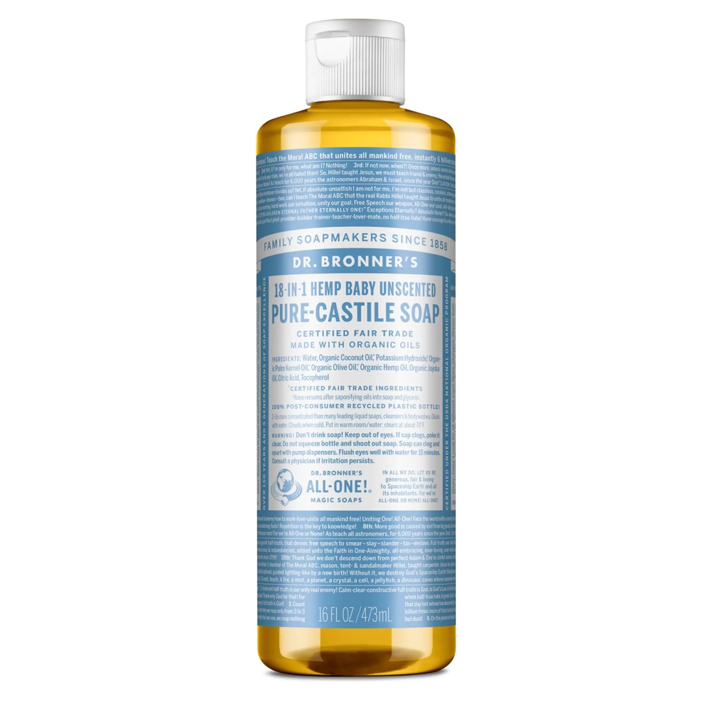 Dr. Bronner’s - Pure-Castile Liquid Soap (Baby Unscented, 16 Ounce) - Made with Organic Oils, 18-in-1 Uses: Face, Hair, Laundry & Dishes For Sensitive Skin & Babies, No Added Fragrance, Vegan, Non-GMO 16 Fl Oz (Pack of 1)